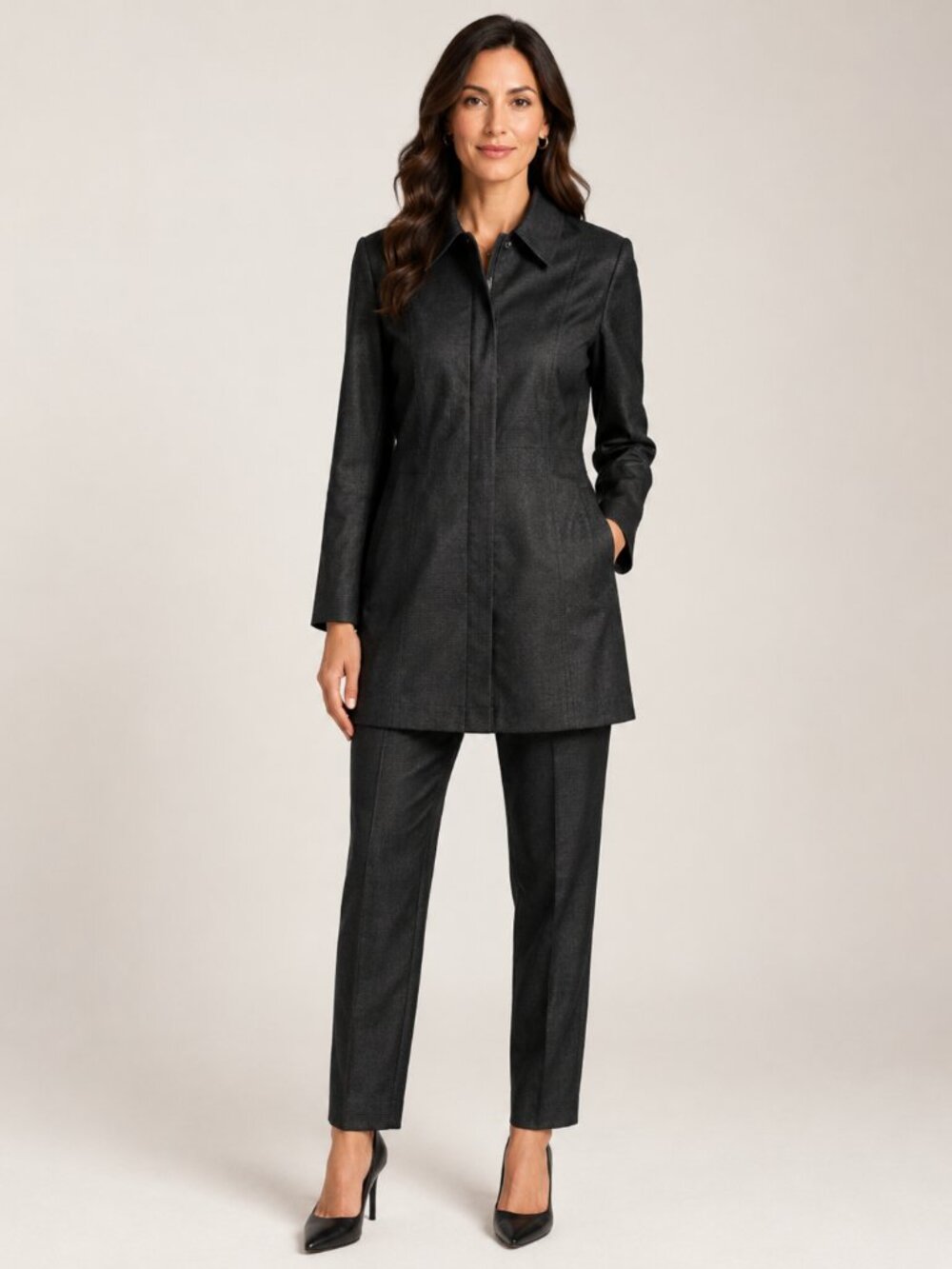 Amanda Smith Feminine Black Denim Long Jacket Trouser Set Vintage Size 8